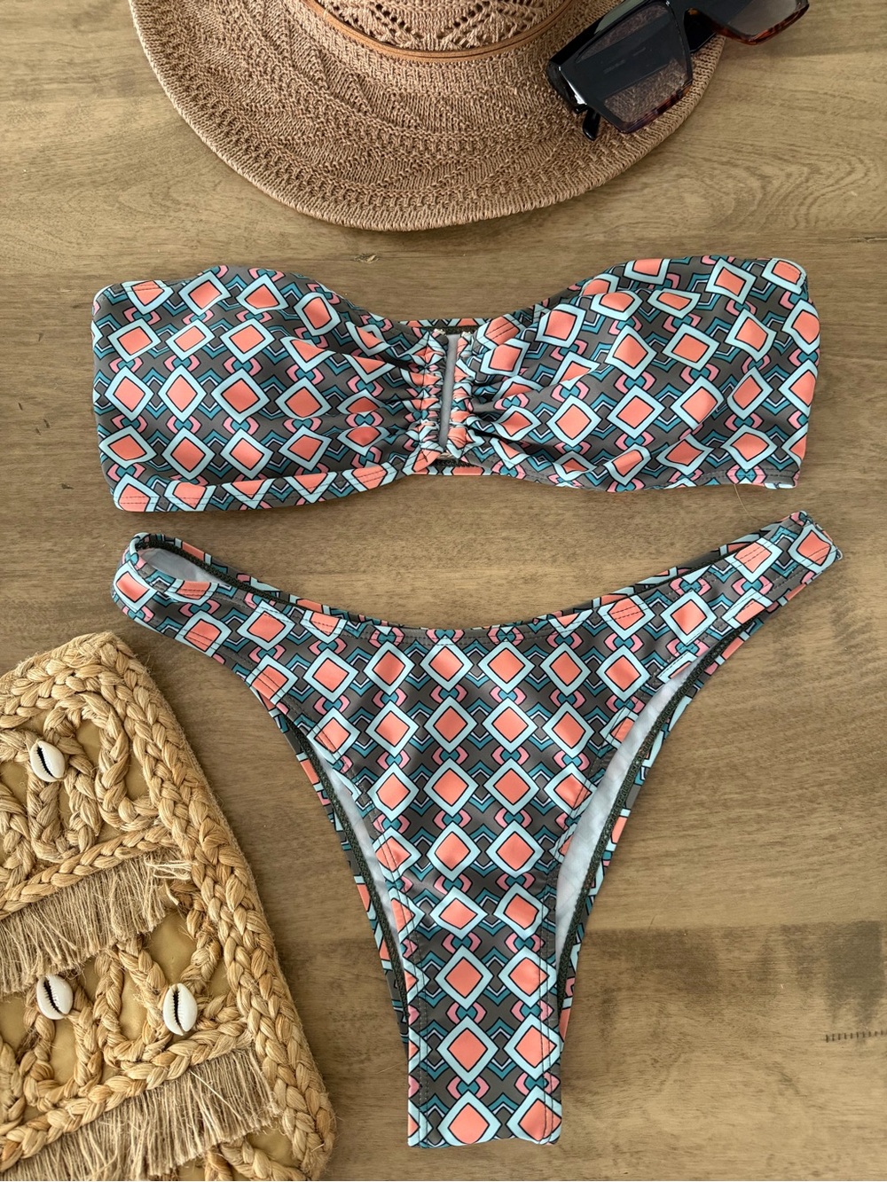 Bandeau Geometric Print Bikini Set in Coral & Teal